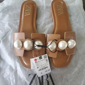 Zara Leather Pearl Sandal Slide | NWT